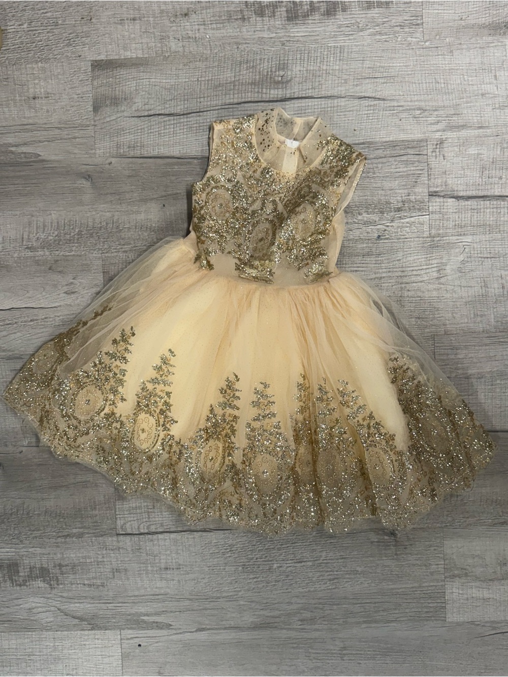 Source Unknown Champagne and Gold Embellished Tulle Flower Girl Dress